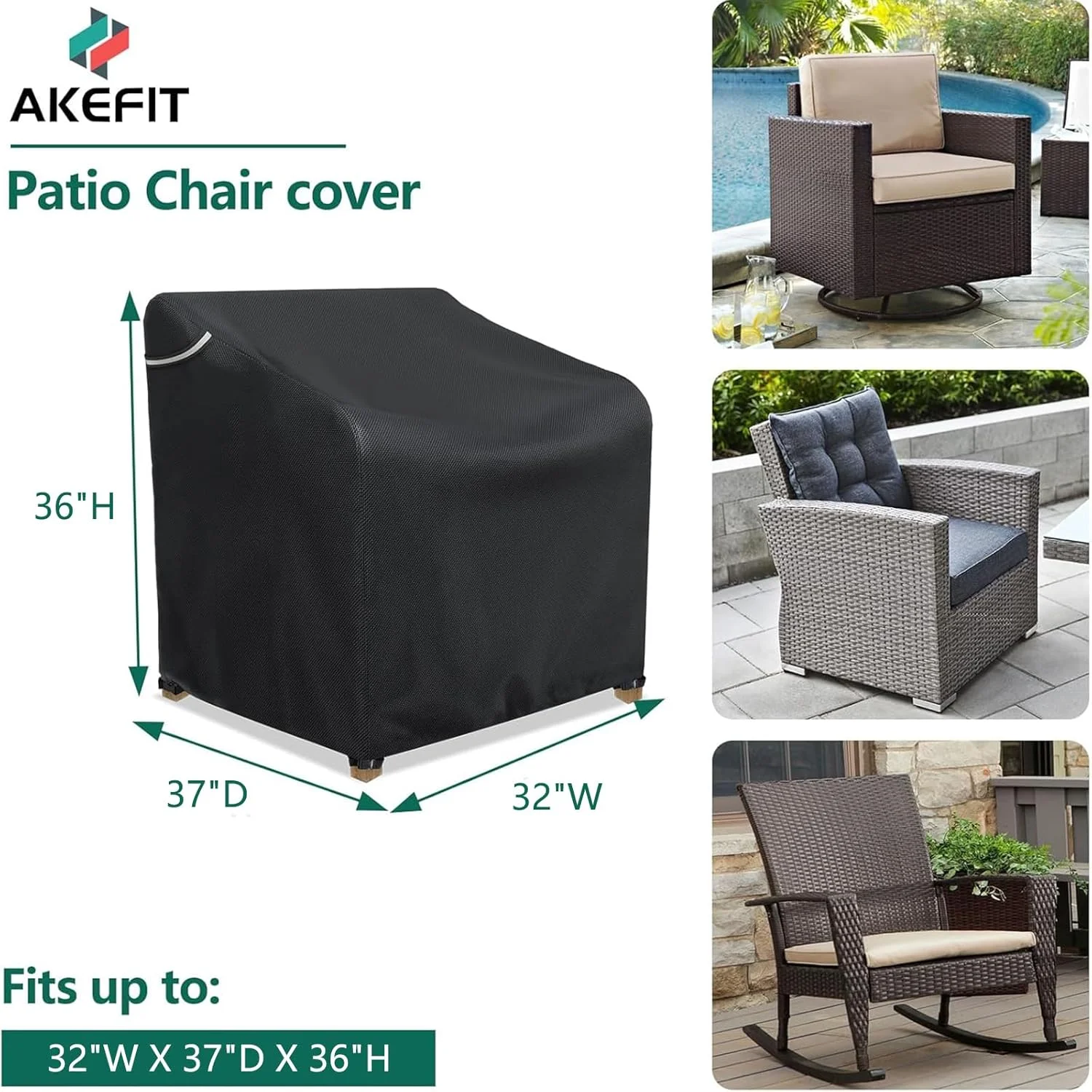 AKEfit patio chair cover — 32 by 37 by 36 inch heavy-duty waterproof outdoor furniture cover shown with product specs and lifestyle images